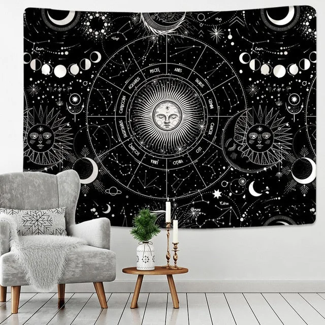 Sun Moon Mandala Starry Sky Tapestry White Black Wall Hanging Bohemian Gypsy Psychedelic Tapiz Witchcraft Astrology Tapestry