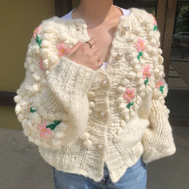 Korea Spring and Winter western style round neck pearl buckle heavy industry three-dimensional ball decoration warm cardigan