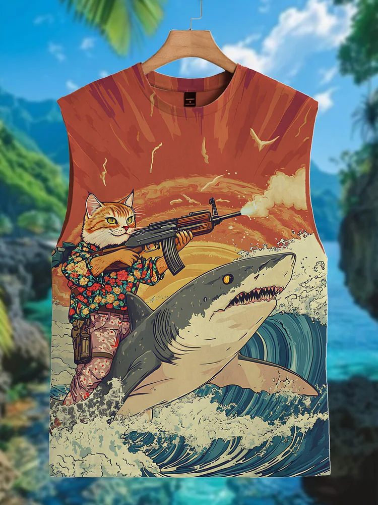 Men's Cat Riding Shark Shooting With Gun Print Tank Top