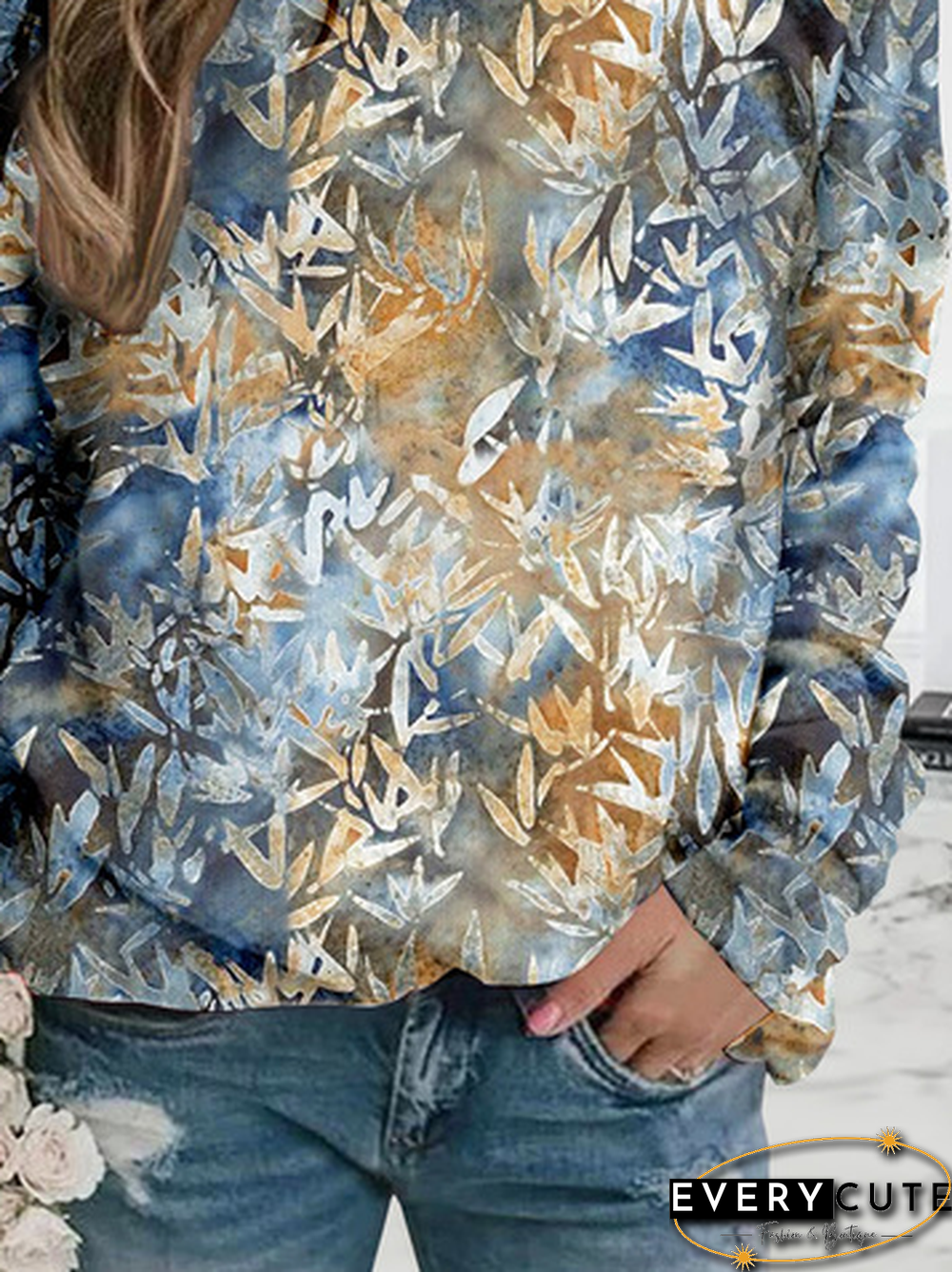 Casual Leaf Autumn Polyester Loose Long sleeve Crew Neck H-Line Regular Size Sweatshirts for Women