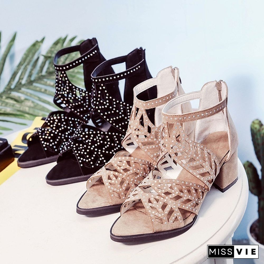 Women Sandals Fashion Elegant Party Shoes Zip Mid Square Cover Heel Platform Summer Sandals Women Sequined Shoes