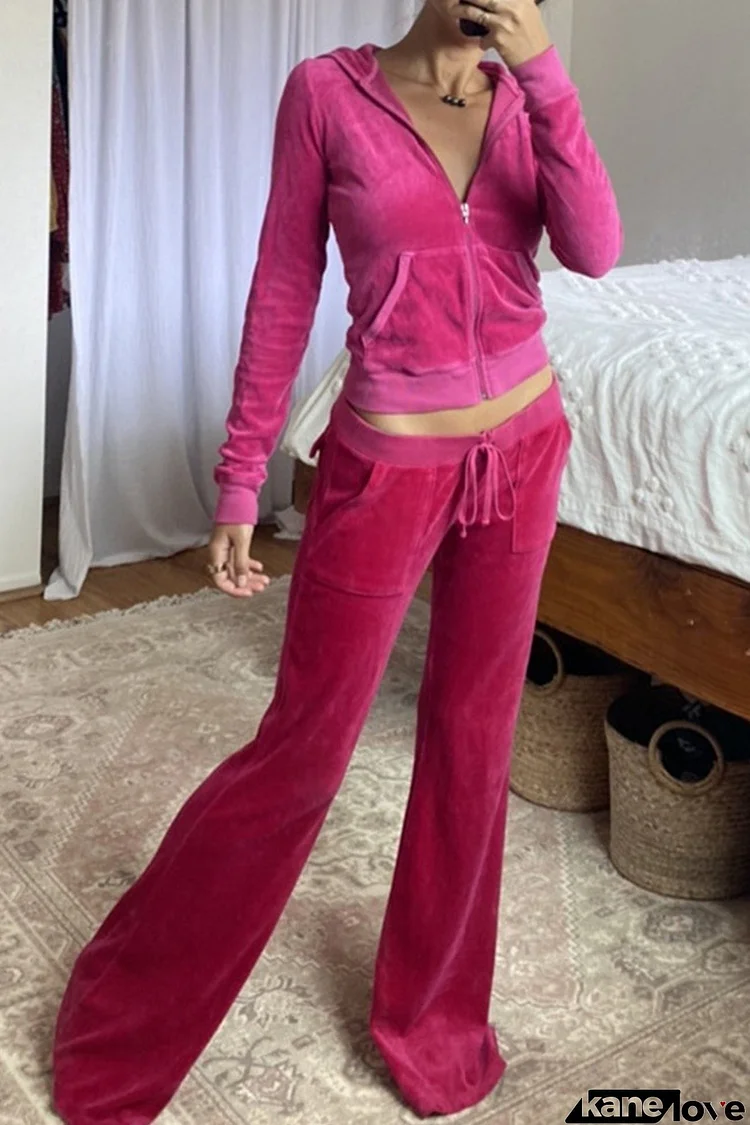 Velvet Hoodie Drawstring Long Pants Set