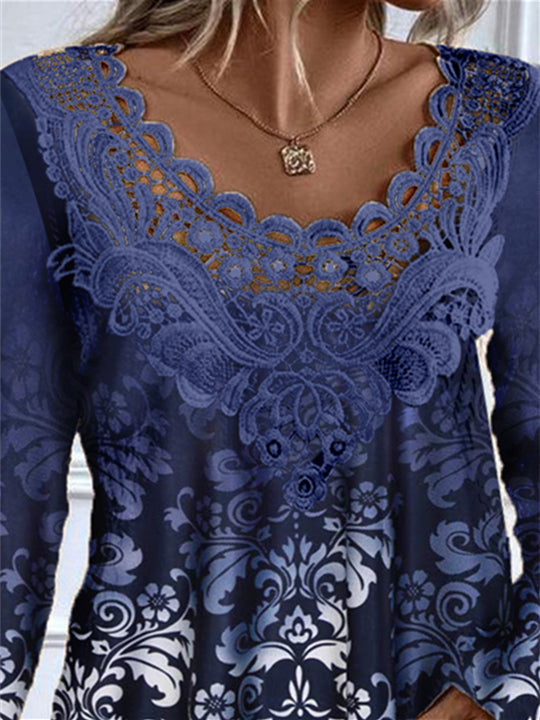 Women's Long Sleeve Scoop Neck Graphic Lace Floral Printed Top