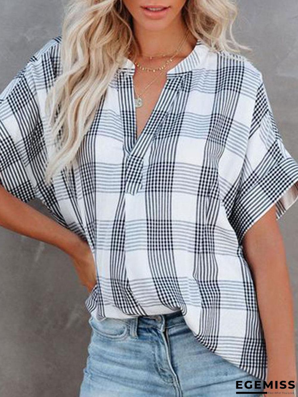 Check Print Casual Loose Short Sleeve Blouse | EGEMISS