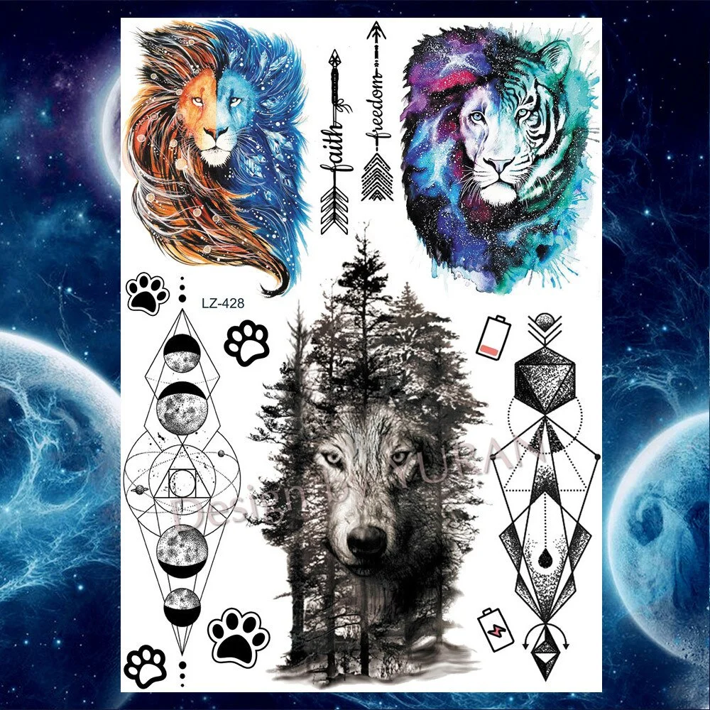Tribal Forest Animals Black Galaxy Triangle Wolf Animals Temporary Tattoo Stickers Women Men Deer Tatoo Waterproof Arm Tattoos