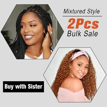WEQUEEN Mixtured Style Curly Headband Wig & Braided Lace Front Wig Package for Sisters