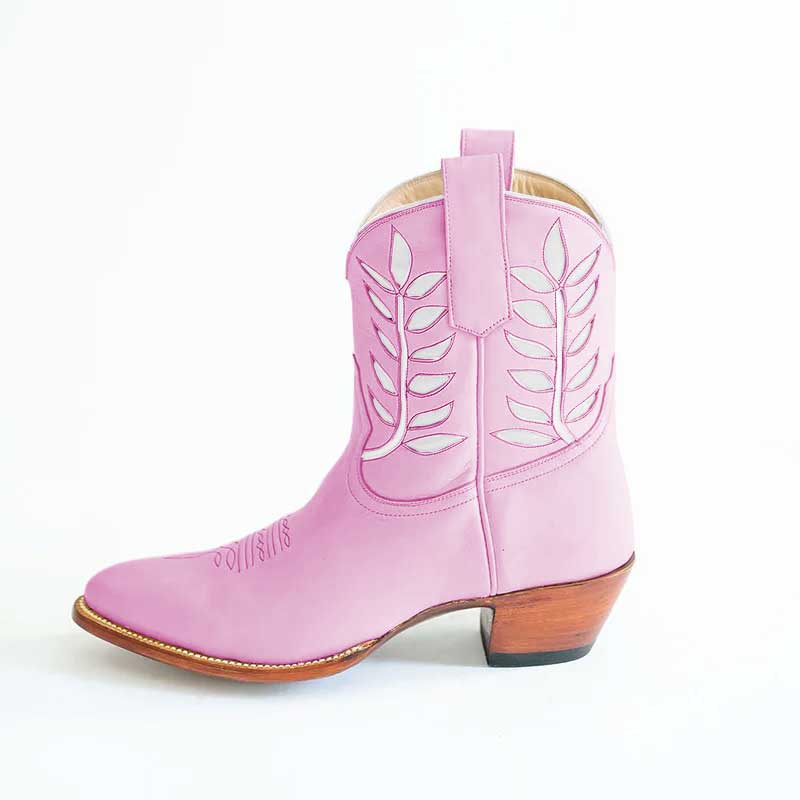 Pink & White Ankle Length Embroidered Cowgirl Boots with Chunky Heel