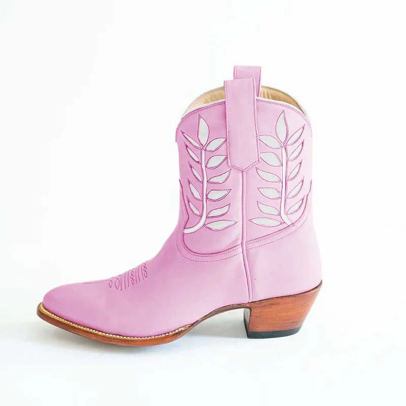 Pink & White Ankle Length Embroidered Cowgirl Boots with Chunky Heel