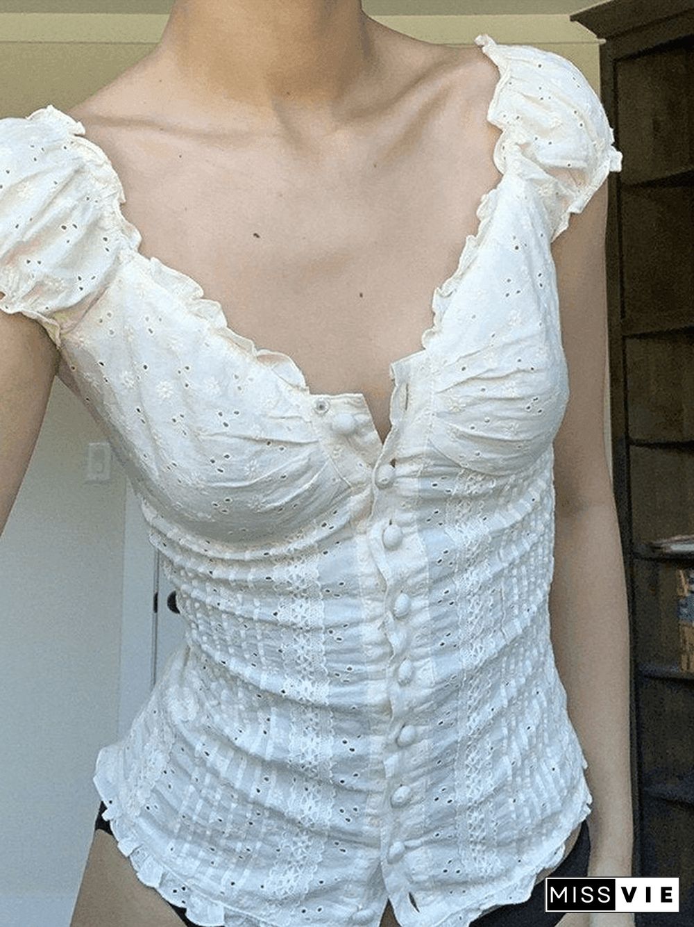 Button Down Broidered Lace Crop Blouse