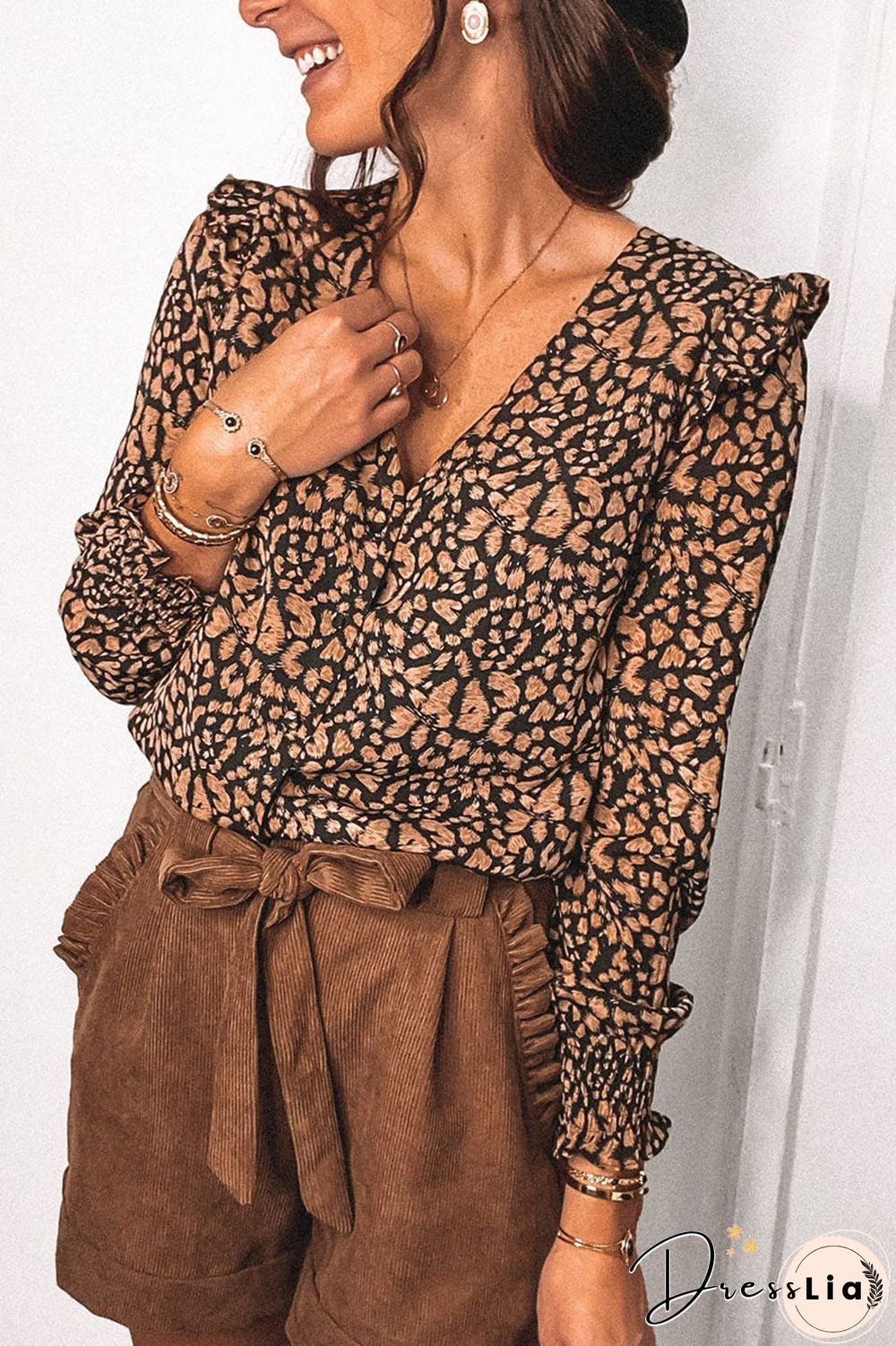 Fashion Print Flounce V Neck Tops