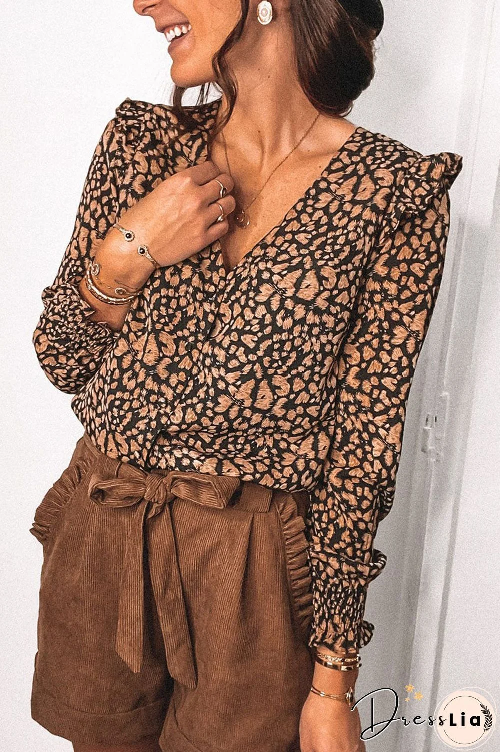 Fashion Print Flounce V Neck Tops