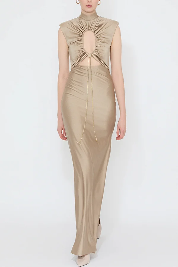 Genis Hollow Elastic Bust High Neck Sleeveless Gathered Maxi Dress