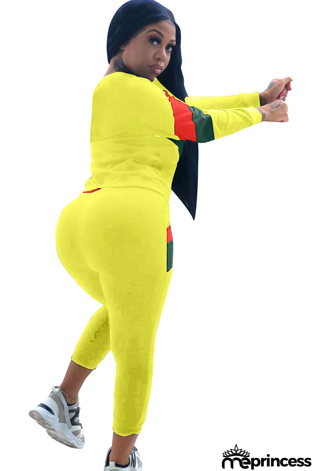 Blue Polyester Casual Two Piece Suits Patchwork Striped Straight Long Sleeve Two-piece Pants Set