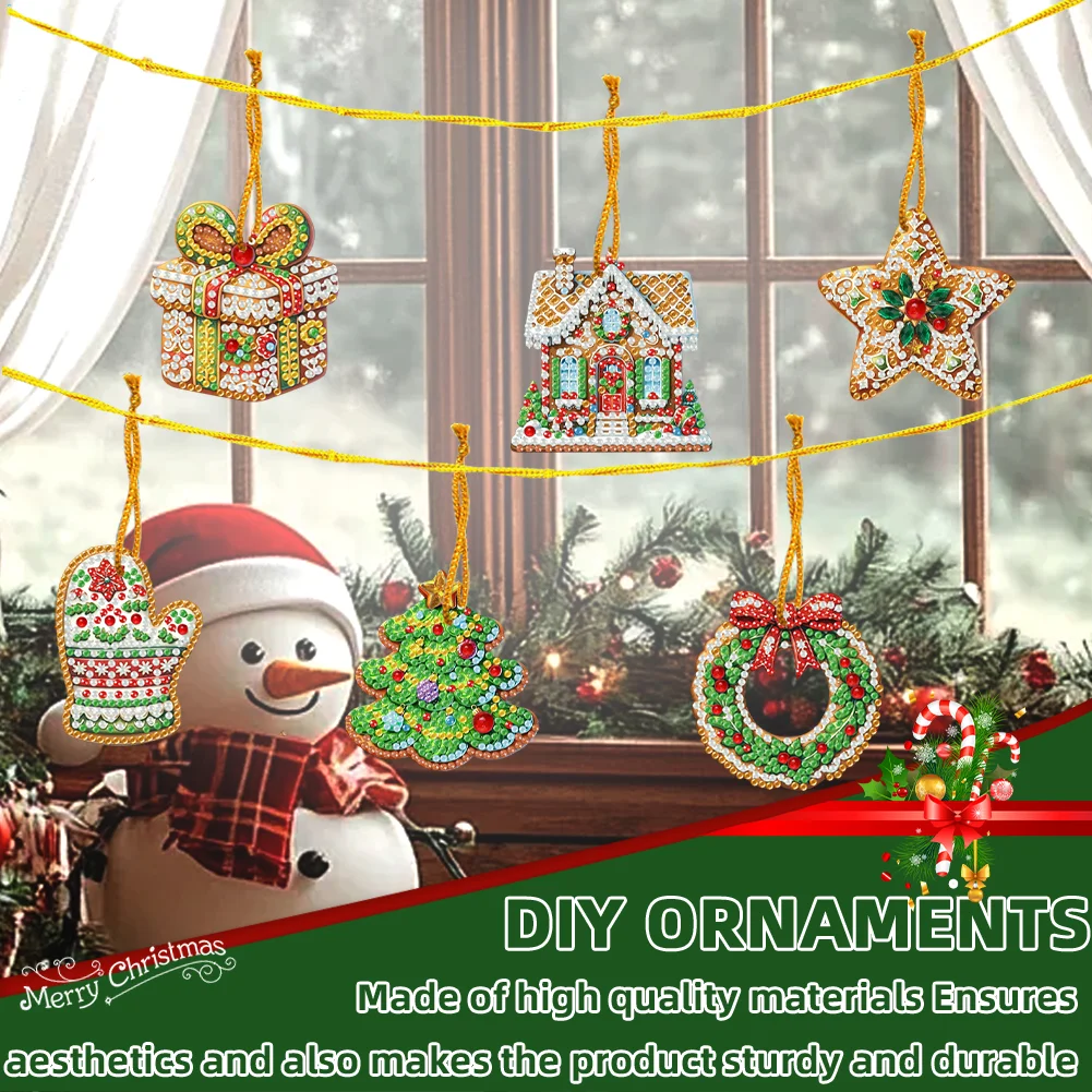 6pcs Xmas Cookies 2D Flat DIY Diamond Painting Art Pendant Wall Door Decoration
