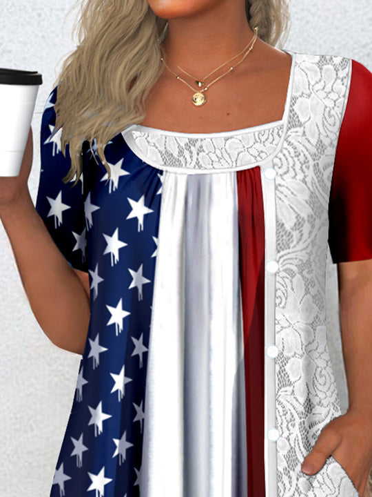 Women's Short Sleeve Scoop Neck Graphic Star Printed Lace Tops