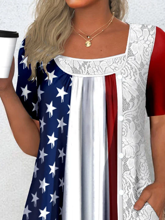 Women's Short Sleeve Scoop Neck Graphic Star Printed Lace Tops