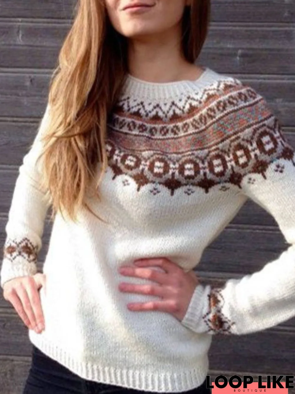 Round Neck Long Sleeve Cotton-Blend Sweater