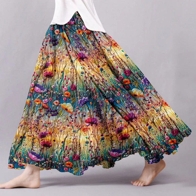 Women's Vintage Gradient Flowers Embroidered Linen Flowy Wide Skirt