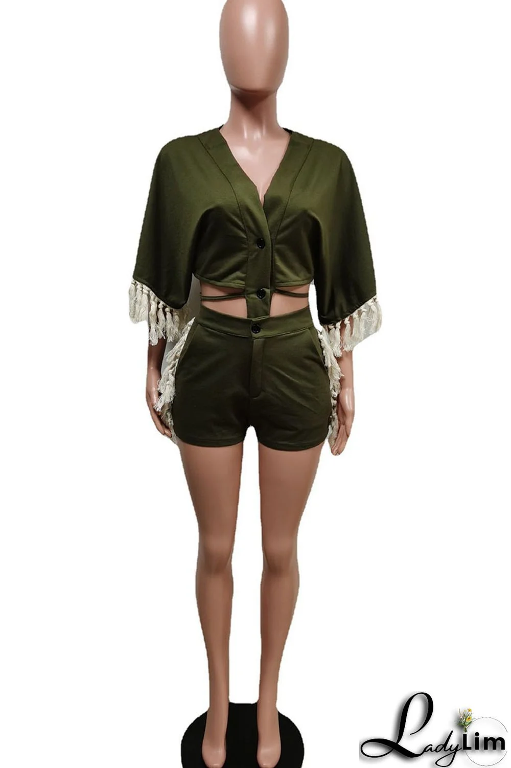 Tangerine Red Casual Solid Tassel Bandage Split Joint Buckle V Neck Half Sleeve Two Pieces