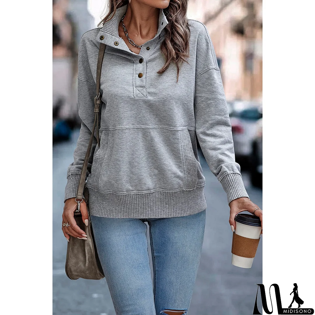 MidiSono - Chic Collared Block Button-Up Sweater