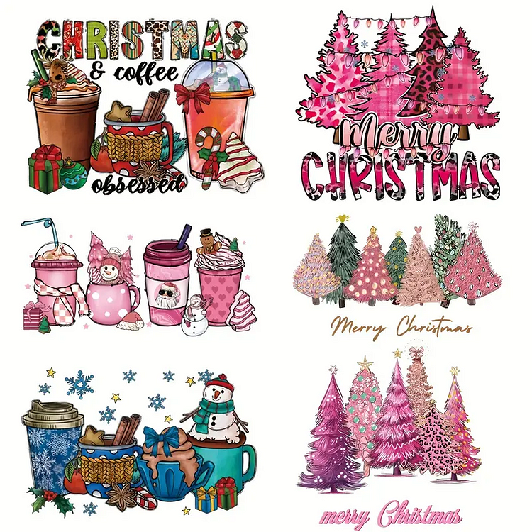 6pcs/pack Newest Xmas Trees Designs Heat Transfer For T-Shirt Arts Craft Home Decors