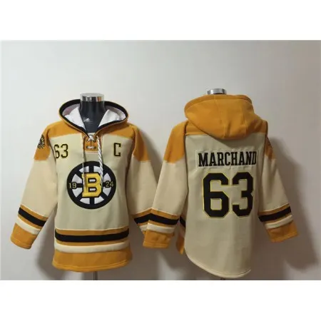 Men's Boston Bruins #63 Brad Marchand Cream Ageless Must-Have Lace-Up Pullover Hoodie