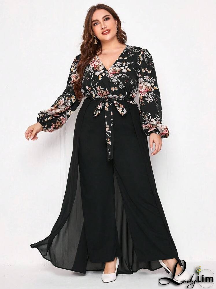 Plus Floral Print Lantern Sleeve Wide Leg Jumpsuit With Skirt
