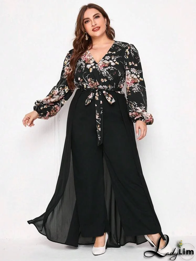 Plus Floral Print Lantern Sleeve Wide Leg Jumpsuit With Skirt