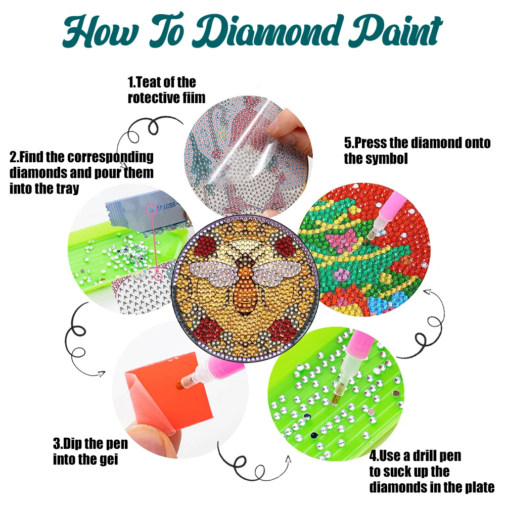 8pcs DIY Stained Glass Bee Diamond Painting Coasters Kits Acrylic Full Drill Coaster Single Side Diamond