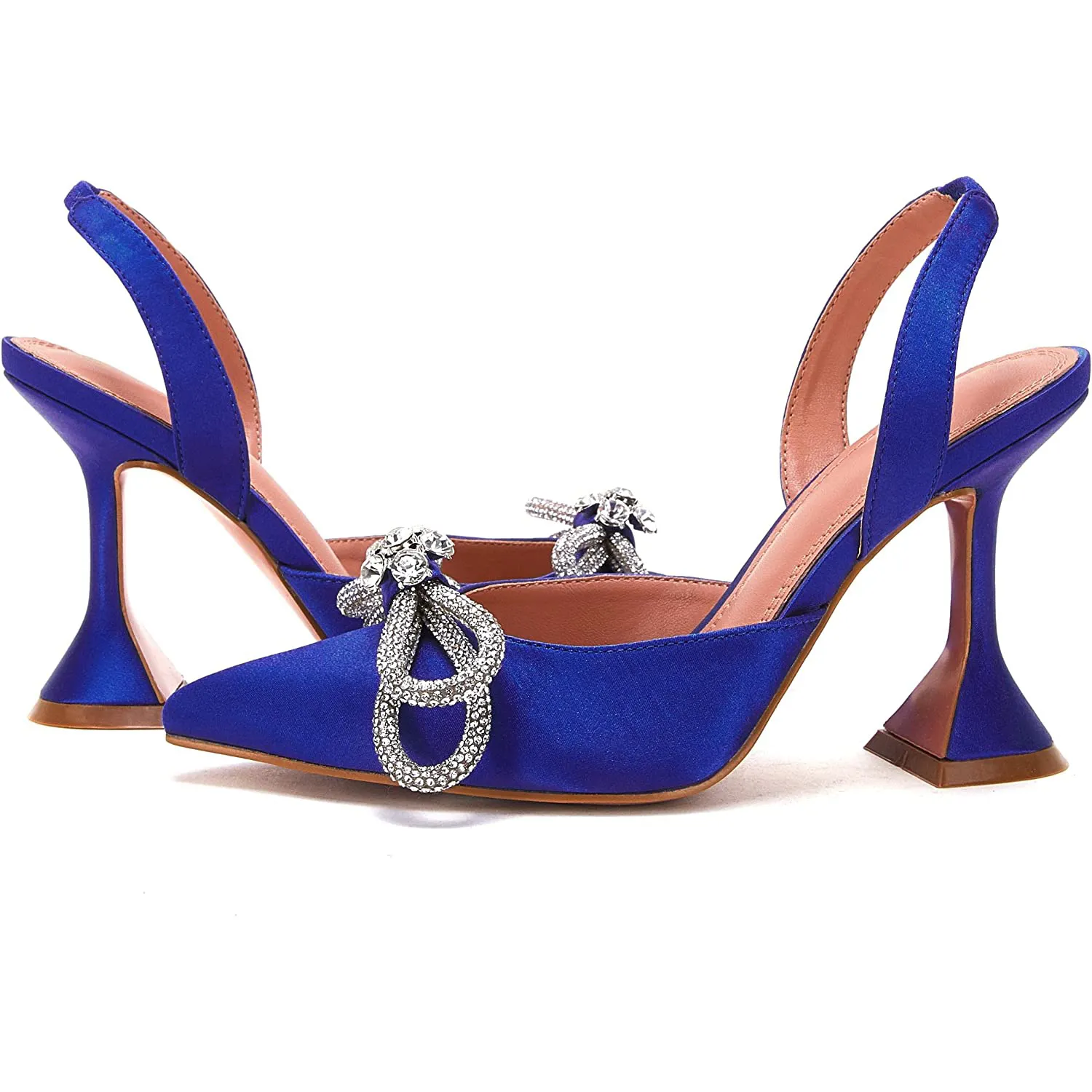 95mm Womens Heeled Sandals Point Toe Slingback Rhinestones Bowknot Crystal Party Wedding Dressy Shoes-vocosishoes