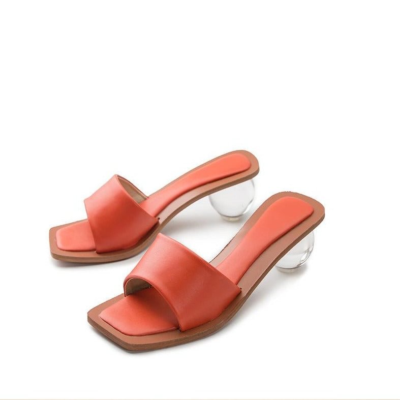 Glass Heel Sandals Candy Color Square Toe Slip On Women's Slippers