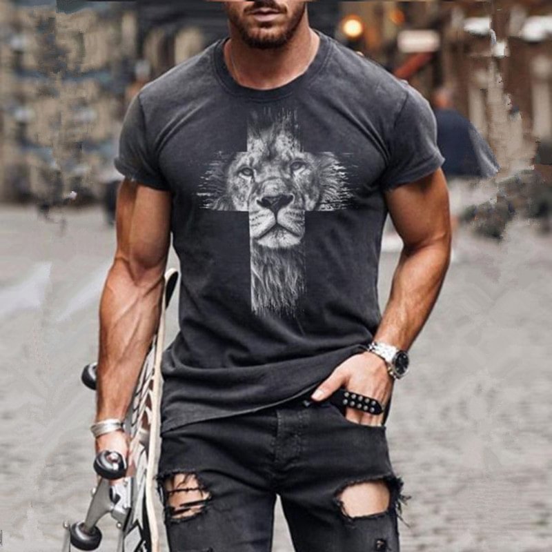 Lion Cross Casual Short Sleeved Men's T-Shirt-VESSFUL
