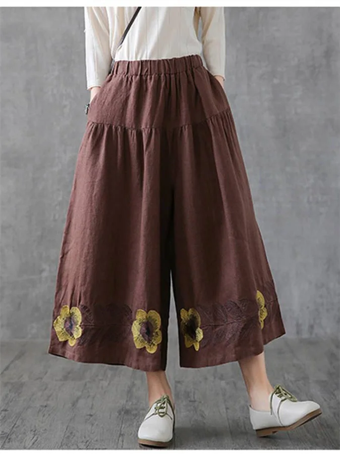 Women's Summer Retro Hemp Embroidered Flower Cropped Wide Leg Pants Linen Casual Pants