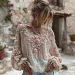Women's Vintage Pink Flower Embroidery Art Round Neck Long Sleeve Linen Blend T-shirt - Image 2