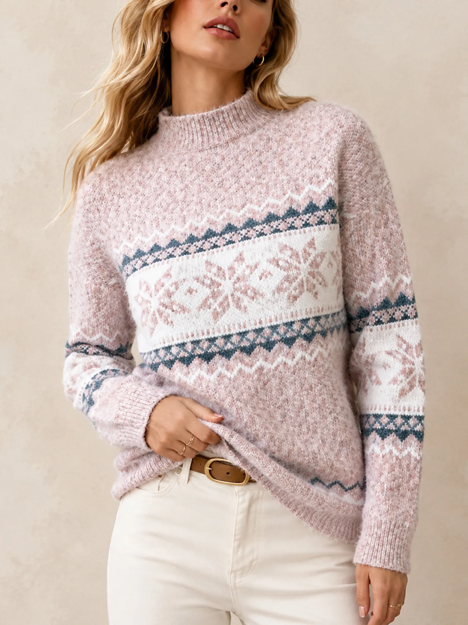 Perfect for a holiday cabin getaway &mdash; Women's snowflake jacquard turtleneck fleece-lined Christmas knit sweater
