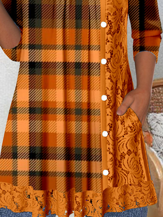 Women's Long Sleeve Scoop Neck Graphic Lace Buttons Halloween Top