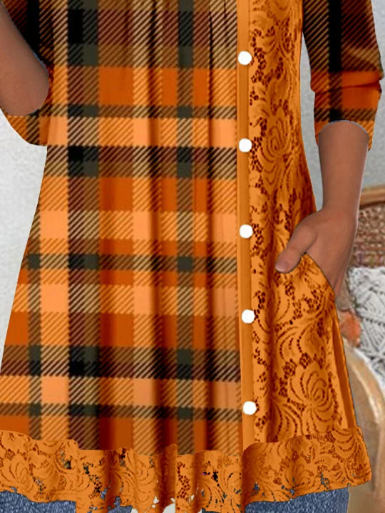 Women's Long Sleeve Scoop Neck Graphic Lace Buttons Halloween Top