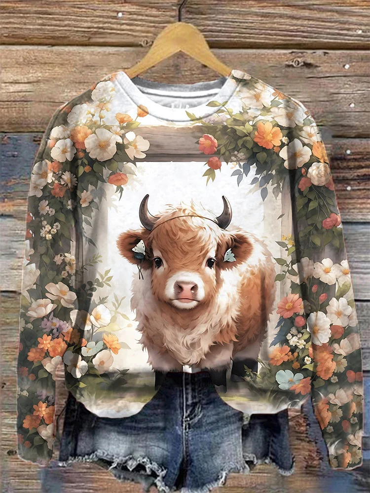Women's Floral Highland Cow Round Neck Long Sleeve Top socialshop