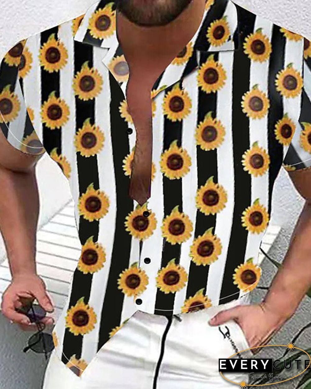 Men's Casual Button Sunflower Print Short Sleeve Top