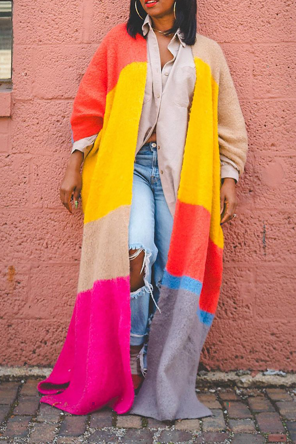 Plus Size Casual Cardigan Yellow Contrast Color Long Knitted Cardigan