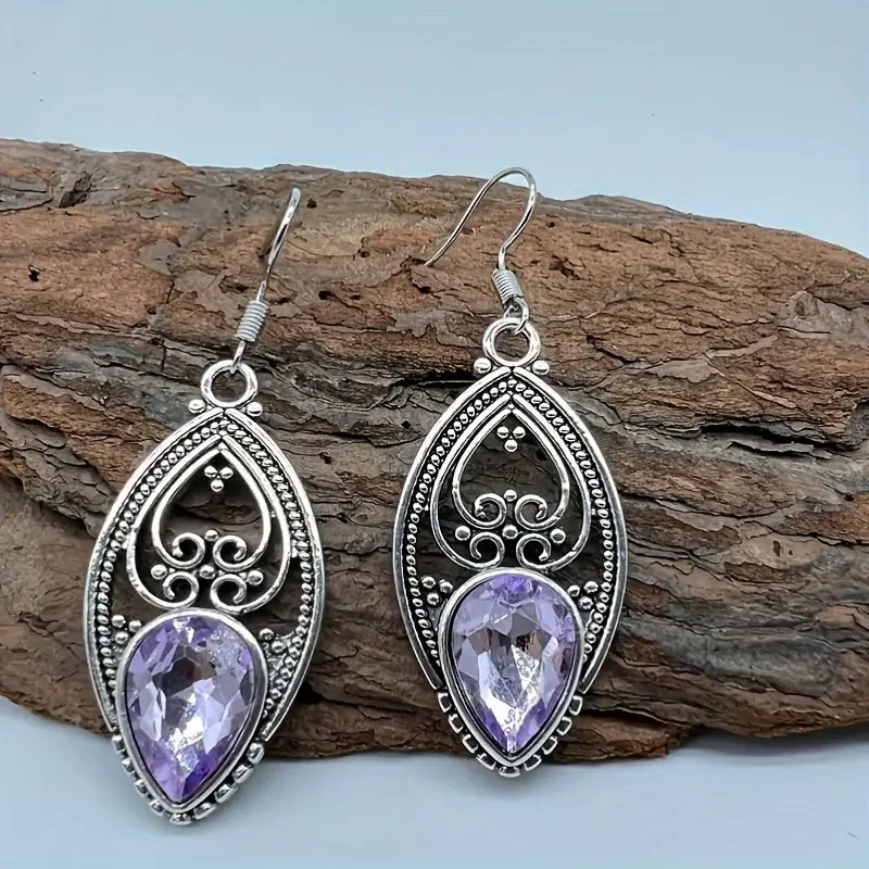 handmade amethyst design dangle earrings copper jewelry synthetic gems inlaid gift for her details 6