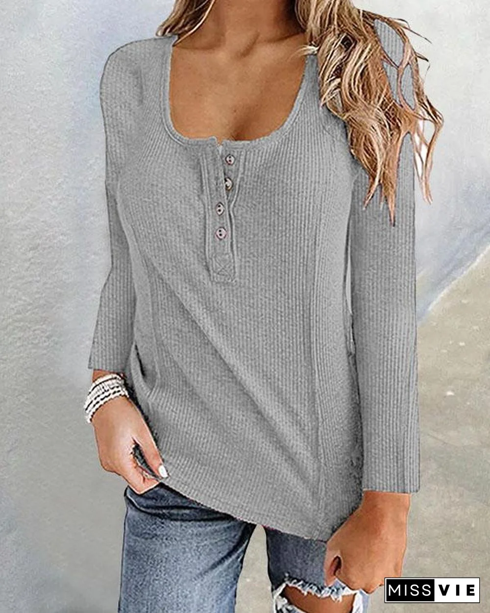 Plain Color Button U Neck Basic Fall T-shirt Tops