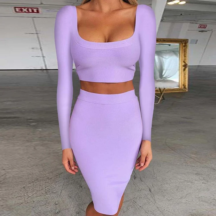 Bandage Dress Sets Autumn Winter Women Sexy Long Sleeve Crop Top And Bodycon Skirt Two Piece Set Lilac Club Party Outfit