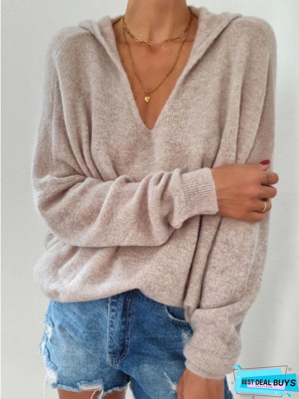 Women Solid Color Wool Blend V Neck Shift Pullover Sweater