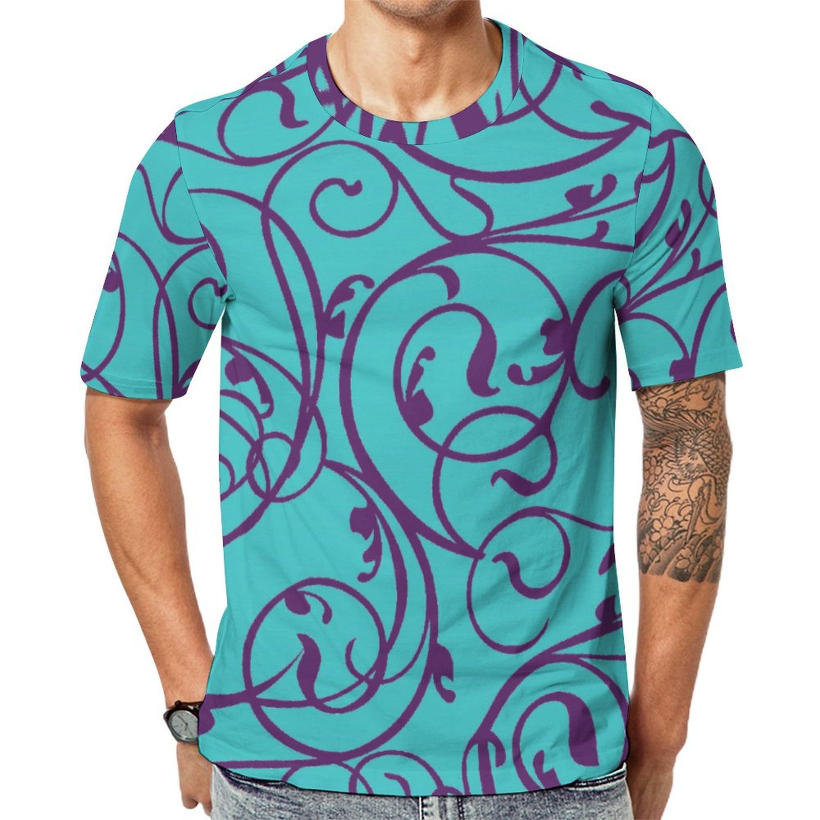 Elegant Turquoise Vintage Scroll Damask Short Sleeve Print Unisex Tshirt Summer Casual Tees for Men and Women Coolcoshirts