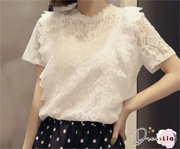Spring Summer Lace Women Round Neck Decorative Lace Lace Short Sleeve Blouses