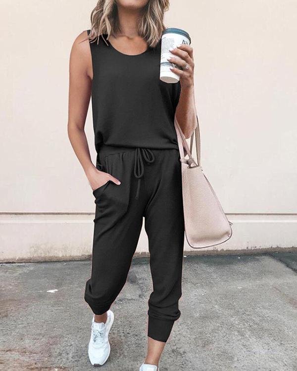 casual solid self tie paneled pockets sleeveless jumpsuit p94404