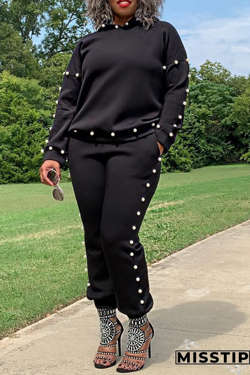 Grey Casual Solid Pearl Hooded Collar Long Sleeve Two Pieces