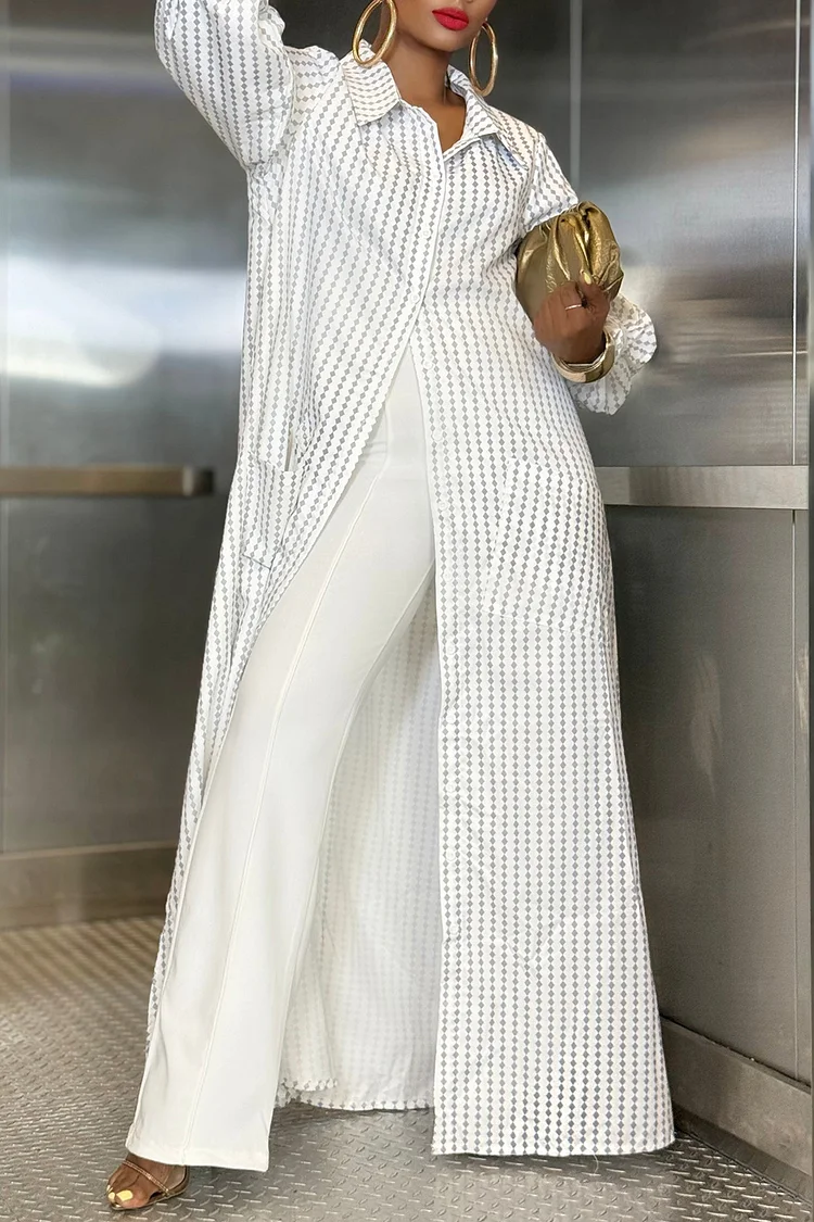 Plus Size Business Casual White Striped Shirt Collar Long Sleeve Split Long Blouses [Pre-Order] 2024 - Xpluswear