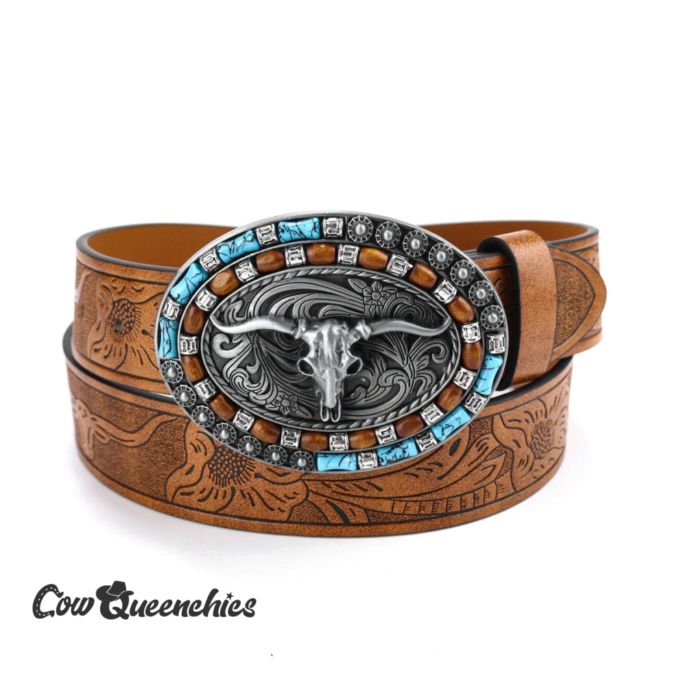Cowhead Engraved Leather Belts Brown / 40 in